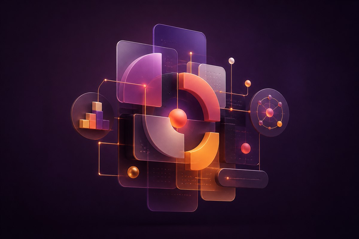 Composição abstrata com formas digitais conectadas em tons de roxo, coral e âmbar