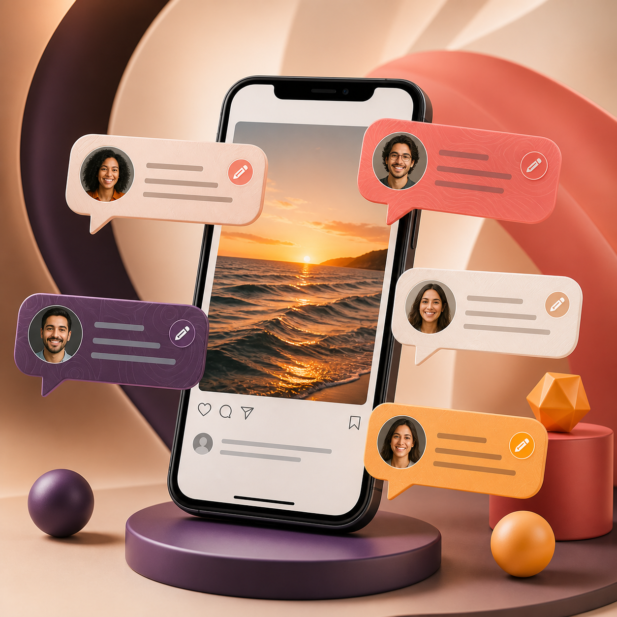 Comprar Comentários Instagram — celular cercado por comentários personalizados de diferentes perfis.