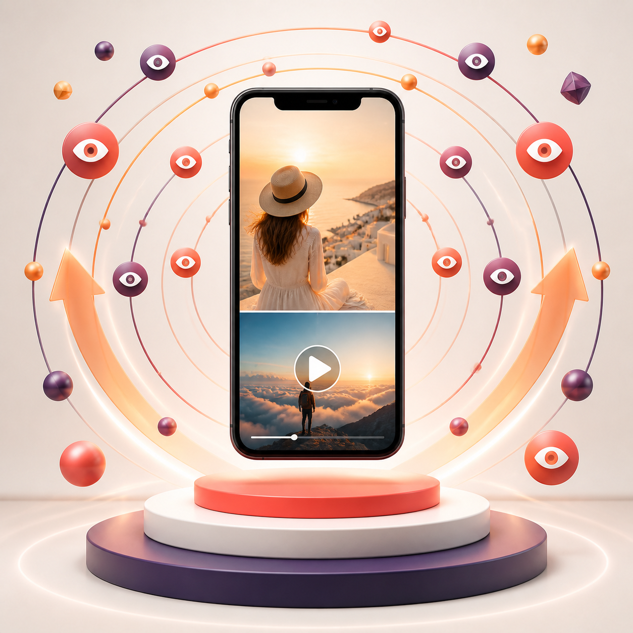 Comprar Impressões Instagram — celular exibindo foto e vídeo com indicadores de alcance.