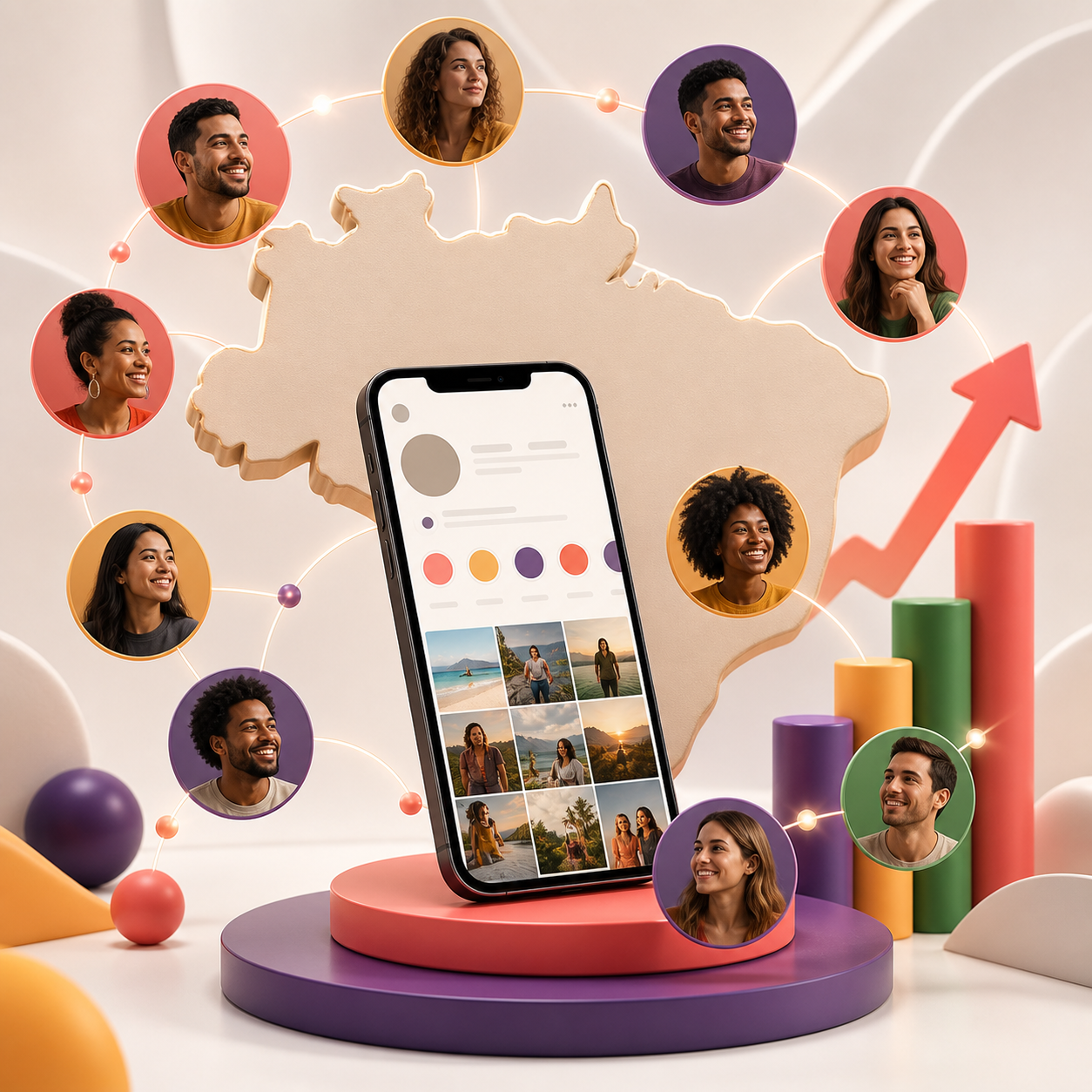 Comprar Seguidores Instagram — celular conectado a perfis brasileiros representados no mapa do Brasil.