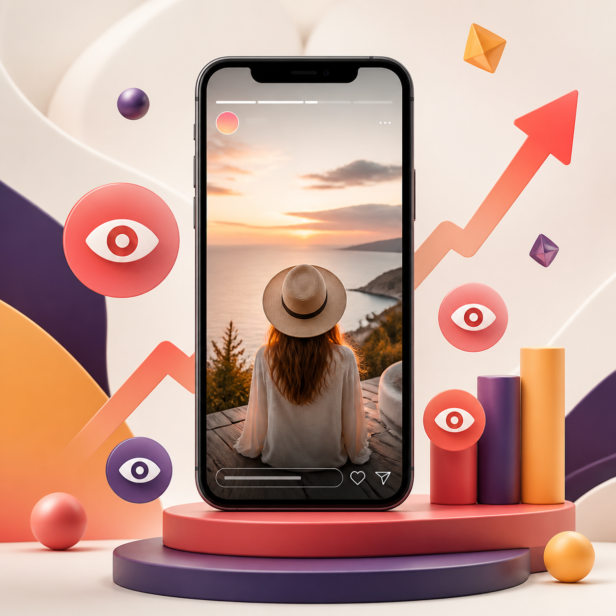 Comprar visualizações para Stories — celular exibindo um Story com indicadores de crescimento.